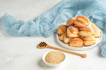 Cookies with cottage cheese and sugar on a light plate on a light background with a blue napkin free copy space.
