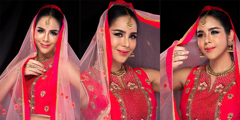 Indian beauty face big eyes with perfect make up wedding bride, Portrait of a beautiful woman in Red Pink traditional Pakistani bridal costume with heavy jewellery and makeup, collage group pack
