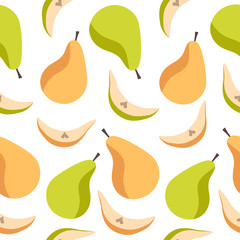 Vector seamless pattern with green and red pears on a white background. For design packaging, textile, background, design postcards and posters.