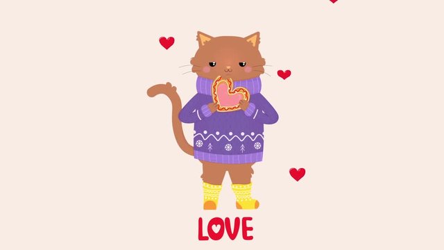 Bright, adorable animation of  appearing hearts, love text and cute cat. Valentine's Day greeting template. 