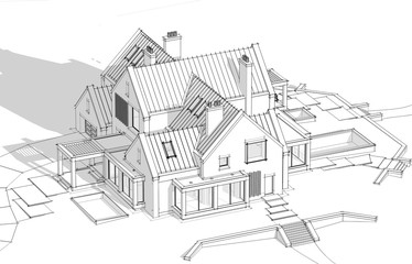 3d rendering of modern cozy clinker house on the ponds with garage and pool for sale or rent. Black line sketch with soft light shadows on white background