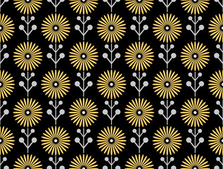 Geometrisches Blumenmuster. Nahtloser Vektorhintergrund. Gold und schwarze Verzierung. Ornament für Stoff, Tapete, Verpackung. Dekorativer Druck