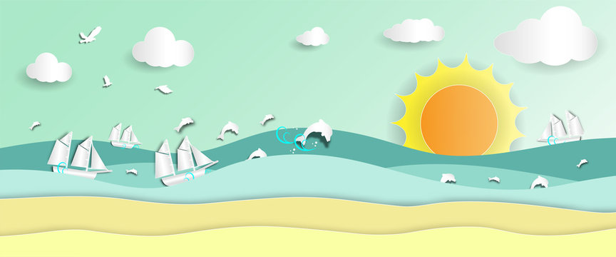Sea view with barque and dolphins jumping on beach in summer of paper art style,vector or illustration with travel concept