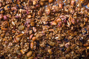 Texture oatmeal granola or muesli as background. Food concept. Healthy and wholesome food.