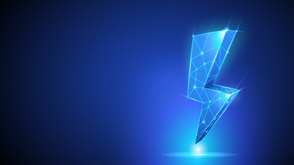 Lightning or Zipper - Polygonal Neon Symbol. Blue Low Poly Symbol. Abstract Neon Geometric Background. Wireframe Light Connection Structure with Triangles Lines Dots Stars. Digital Vector illustration