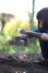 Fun grounded child playing in garden, observing mud on hands