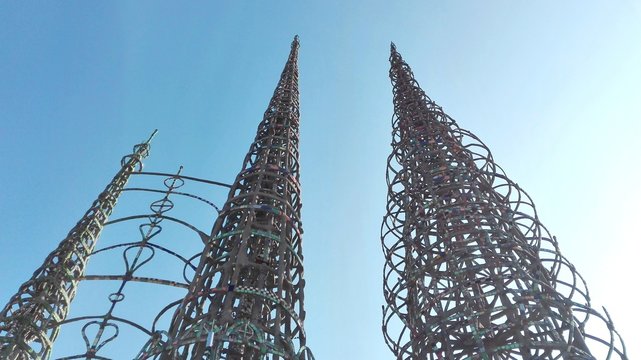 Los Angeles, California - May 9, 2018: WATTS TOWERS by Simon Rodia, architectural structures, located in Simon Rodia State Historic Park, Los Angeles