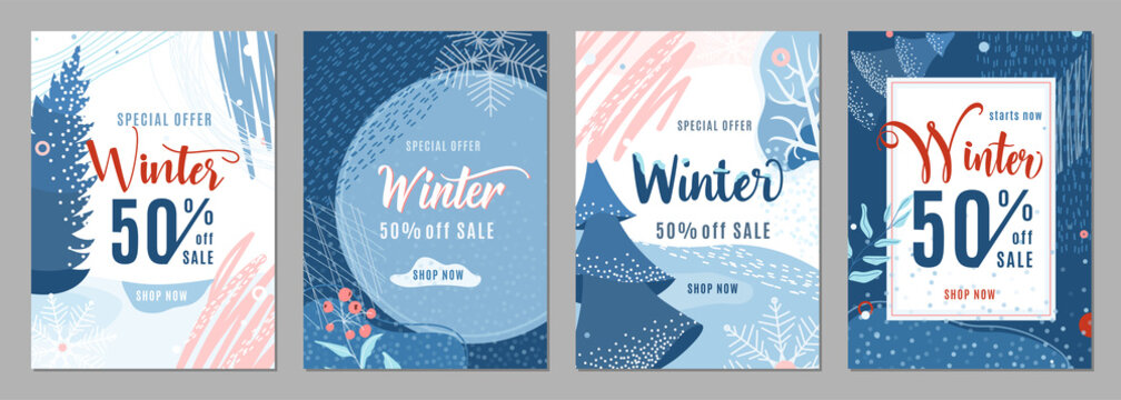 Winter sale poster set background. Winter-time gift discount offer banners in whimsical memphis modern flat style. Christmas ad flyer with snow, fir tree, snowflakes and texture graphic elements