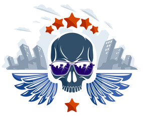 Obraz premium Urban culture style skull in sunglasses vector logo or emblem, gangster or thug illustration, anarchy chaos hooligan, ghetto theme.