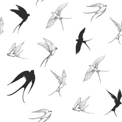 Seamless patterns with flying swallows. Vector shapes with transparent background. - obrazy, fototapety, plakaty