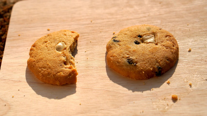 Chocolate chip cookies for Breakfast. Chocolate chip cookies on a wooden floor.