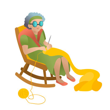 Grandmother Is A Pensioner. Sits In A Rocking Chair And Knits A Scarf Out Of Yarn. Vector Isolated Character.