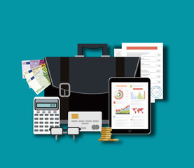 Business and finance concept vector illustration in flat style design. Tablet with financial graphs and charts. Briefcase, calculator, money, paper sheet.