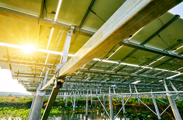 Detail view of the back of a solar photovoltaic panel built with an iron bracket