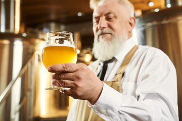 Elderly brewer holding glass with light beer.