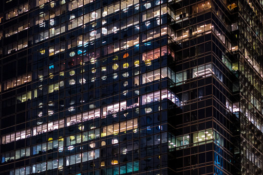 Office Building Facade At Night - Business District -