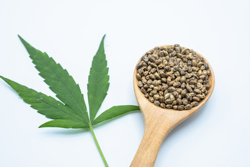 Hemp seeds in a wooden spoon and cannabis leaves placed on a white background The idea of extracting marijuana leaves as an oil for natural treatment, natural herbal medicine.