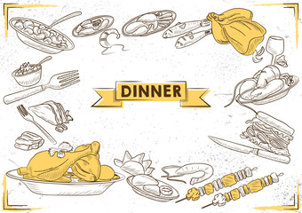 illustration of template of different types of Dinner item for menu background design of Hotel or restaurant