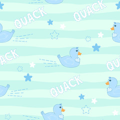 kawaii cartoon drawing cute ducks on green blue background with stars seamless pattern, funny doodle elements editable vector illustration for kids decoration, fabric, textile, print