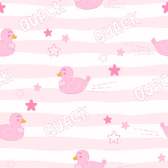 kawaii cartoon drawing cute ducks on pink background with stars seamless pattern, funny doodle elements editable vector illustration for kids decoration, fabric, textile, print