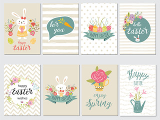 Fototapeta na wymiar Set of Happy Easter card templates with eggs flowers floral frames wreaths rabbit typographic design