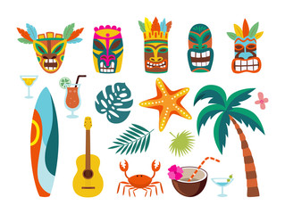 Hawaiian symbols - masks and surfboards, flat vector illustration isolated set. © sabelskaya