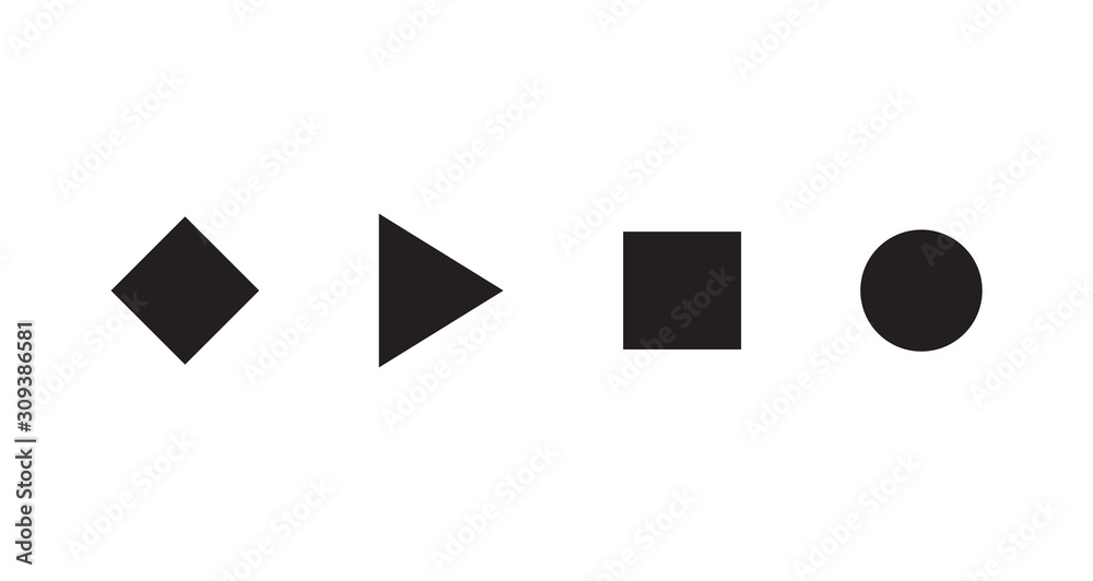 Poster Set of simple geometrical shapes. Black circle, square, rhombus and triangle icon set. Button template for media player. Vector Isolated signs.