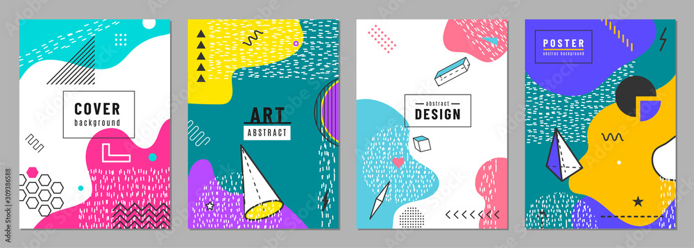 Poster memphis abstract pattern background with flat splash shape and geometric figures element. texture po