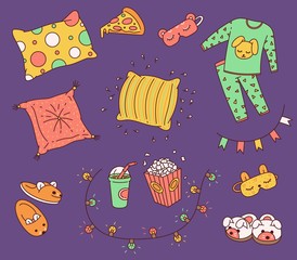 Slumber night or pajama party icons set of sketch vector illustrations isolated.