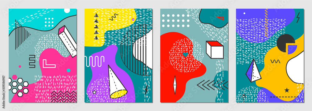 Poster memphis abstract pattern background with flat splash shape and geometric figures element. texture po