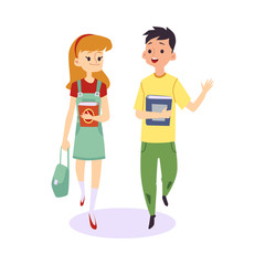 Cartoon children walking and talking together - cute girl and boy holding books
