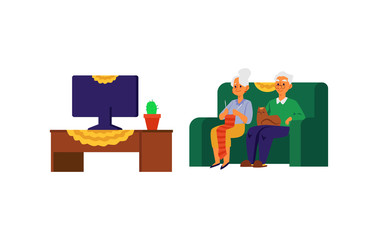 Senior couple watching TV in nursing home, flat vector illustration isolated.