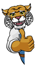 A wildcat animal construction cartoon mascot handyman or builder maintenance contractor peeking around a sign giving a thumbs up