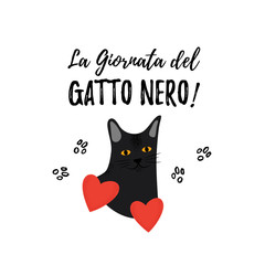 Black Cat Day. Greeting card for a traditional Italian holiday. Cute pet. Portrait of metis breed.