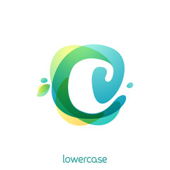 Ecology lowercase letter c logo. Overlapping watercolor font with green leaves.