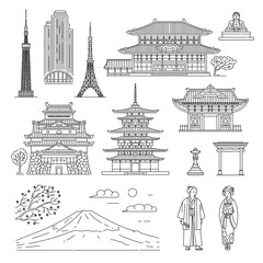 Fototapeta premium Japan line art set - Oriental architecture, people in national clothes and Fuji