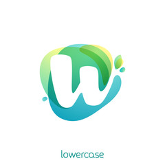 Ecology lowercase letter w logo. Overlapping watercolor font with green leaves.