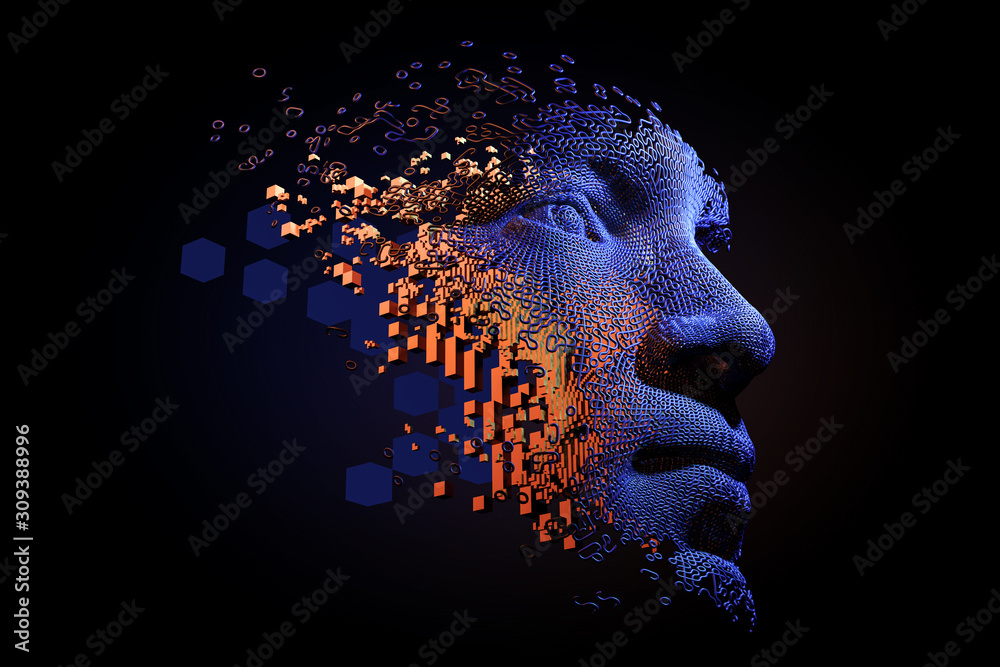 Wall mural abstract digital human face. artificial intelligence concept of big data or cyber security. 3d illus