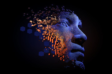 Abstract digital human face.  Artificial intelligence concept of big data or cyber security. 3D illustration  - obrazy, fototapety, plakaty