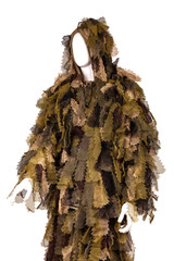 Ghillie suit isolated on white background. Camouflage sniper suit on a light background. Sniper...