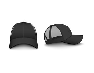 Template of trucker cap with mesh set realistic vector illustrations isolated.