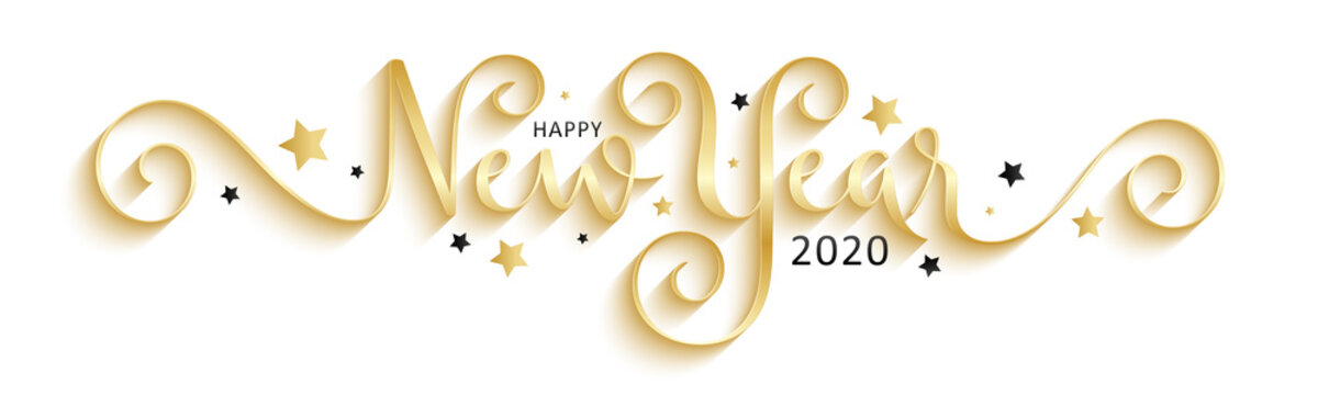 HAPPY NEW YEAR 2020 black and gold vector brush calligraphy banner with stars