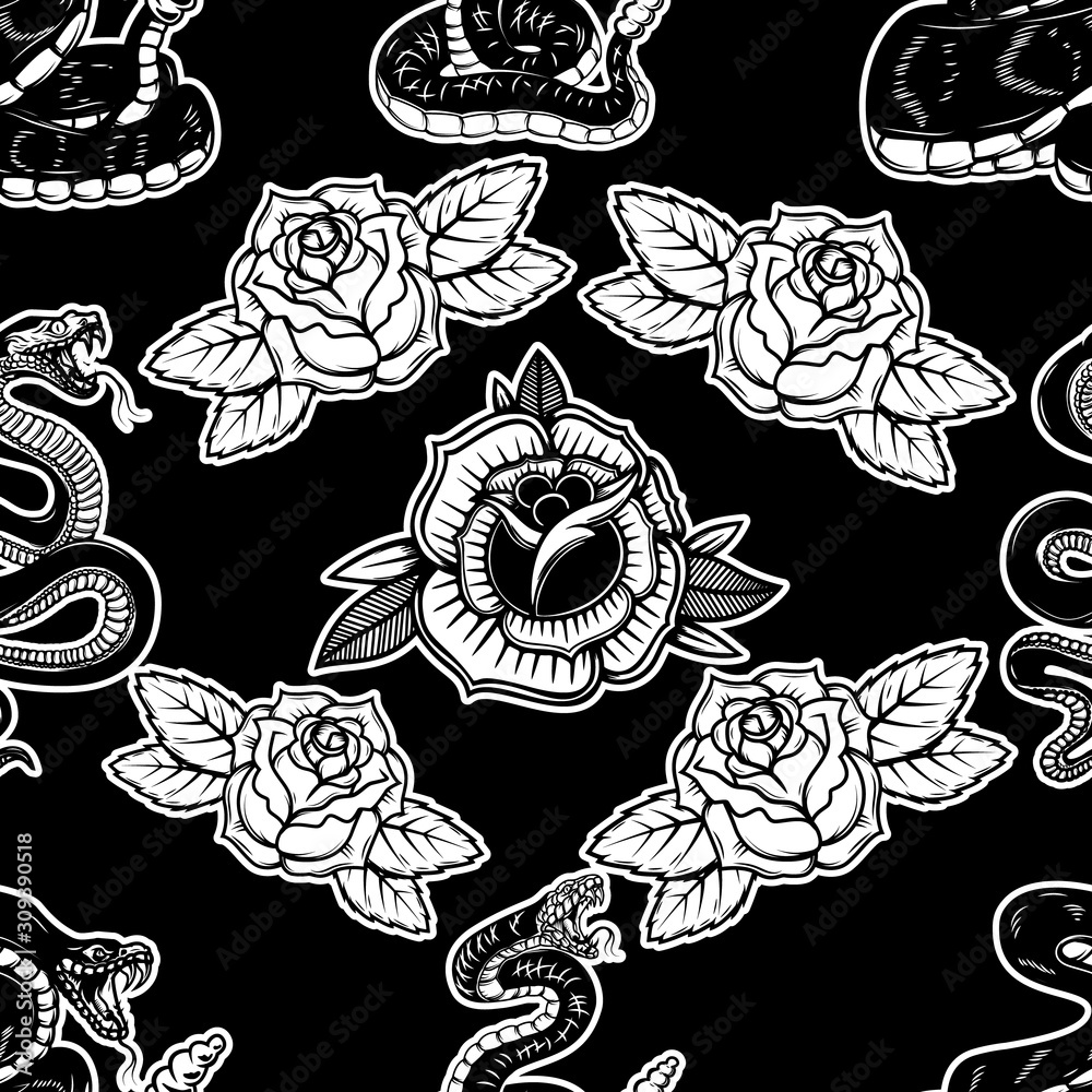 Wall mural Seamless pattern with snakes and roses. Design element for poster, card, banner, t shirt.