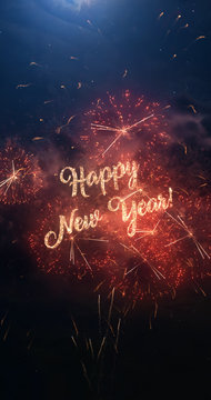 Happy New Year vertical greeting text with particles and sparks on black night sky with colored fireworks on background, beautiful typography magic design, portrait orientation.
