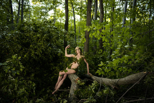 Junge Frau als Waldfee verkleidet mit beklebten Naturmaterialien sitzt auf einem Baumstamm im Wald