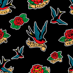 Seamless pattern with swallows and roses in old school tattoo style. For poster, card, banner, flyer.
