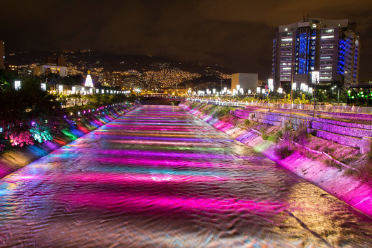 Medellin, Antioquia / Colombia - December 10, 2019. Luminous and Christmas-themed figures decorate the Parques del R&iacute;o sector
