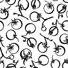 Line art hand drawn tomato pattern on white background. Food, cooking pattern. Yummy design for restaurant, kitchen, menu card, cookery and food packaging.