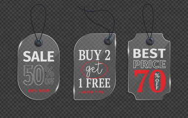 Realistic glass price tag vector stock. Glass label, paper sale tags mockup labels template shopping gift stickers with ropes tags vector set