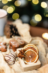Orange slices in a wooden box. Christmas atmosphere.